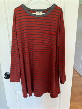 Long Sleeve Striped Pocket Tunic Dress - Red/Gray